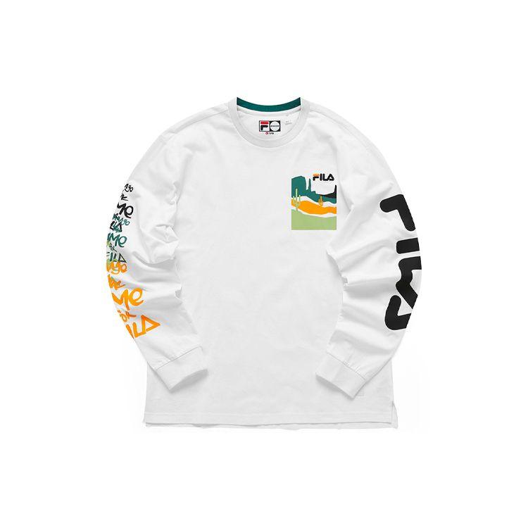 Fila Fusion Футболка с логотипом-буквой, повседневная, спортивная, цветовые блоки, свободная вязка, длинный рукав, мужская, белая, T11M123201F-WT