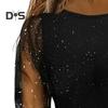 Women T-shirt Round Neck See-through Glitter Long Sleeve Tops Solid Color Loose Fit Casual Tops Daily Wear