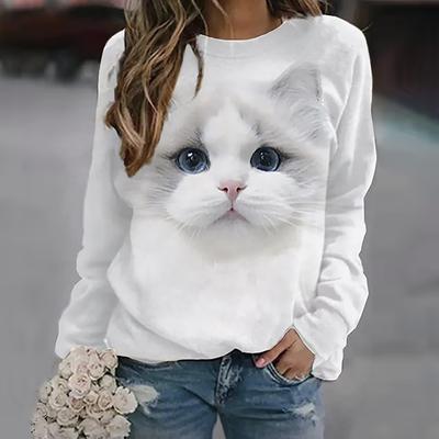 Женская толстовка с капюшоном и круглым вырезом, с графикой кошки, 3D-принт, базовая на каждый день, повседневная, с длинным рукавом, топ, серая, коричневая, белая