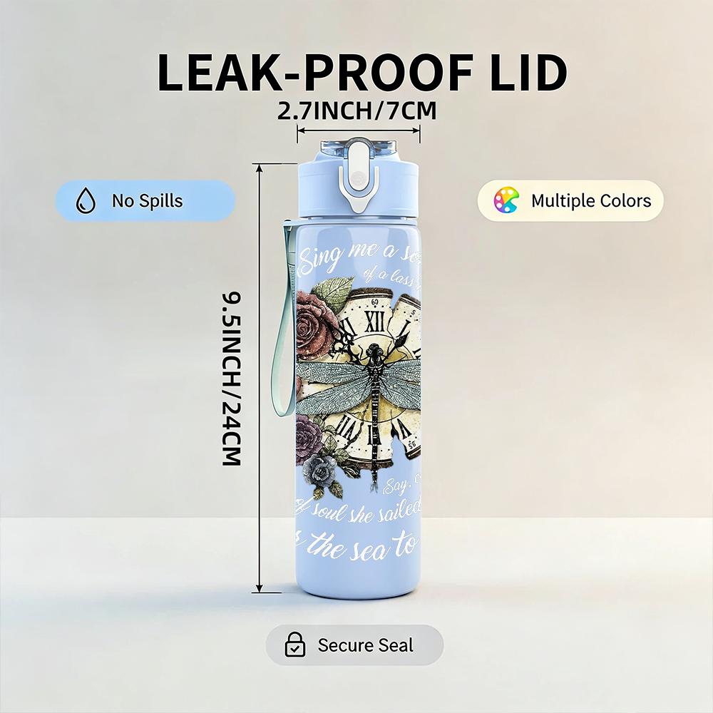 1PC Floral Dragonfly Vintage Round Art Print 750ml Portable Sports Water Bottle Leakproof Gym Outdoor Travel Drink Cup