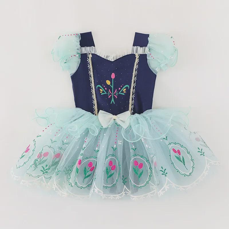 Girls' Ballet Dance Costume - Hidden Button, Open Crotch, Cross-Border Printed Mesh Dress for Performances, Princess Anna Style.