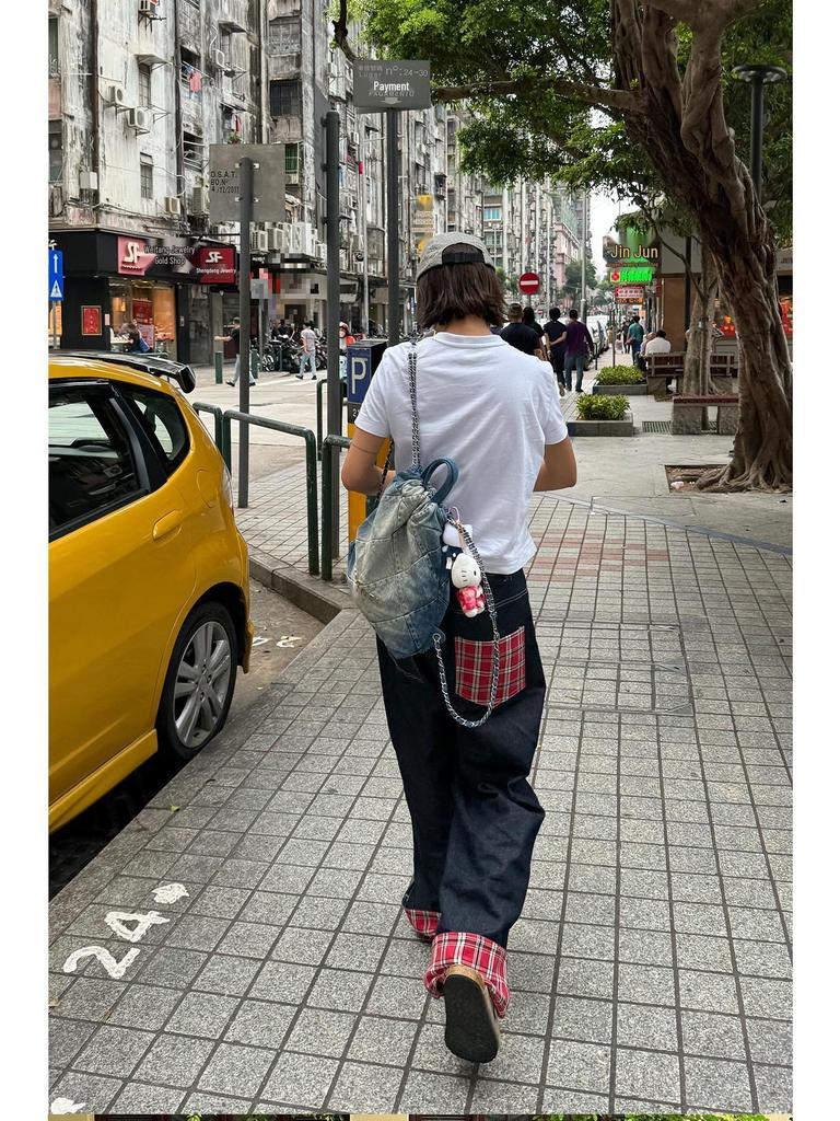 Мужские осенние джинсы в клетку с широкими штанинами, подвернутые - Высококачественные, свободные, прямого кроя