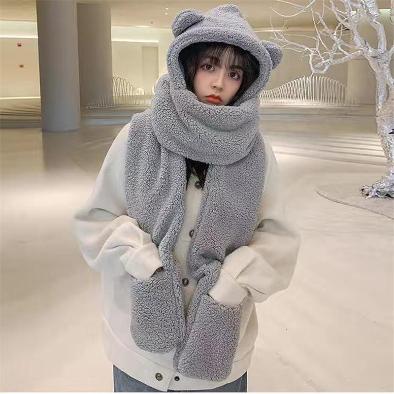 Cute Bear Ear Hat Scarf Gloves Set Winter Women Novelty Caps Warm Casual Plush Hats Casual Solid Fleece Girl Kawaii Accessories