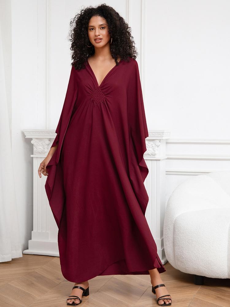 EDOLYNSA Wine Red Kaftan Women's Long Dress Pcaftan Lus size Moo Moo Dress Beach Wear Lounge wear House robe Outfit Q1306
