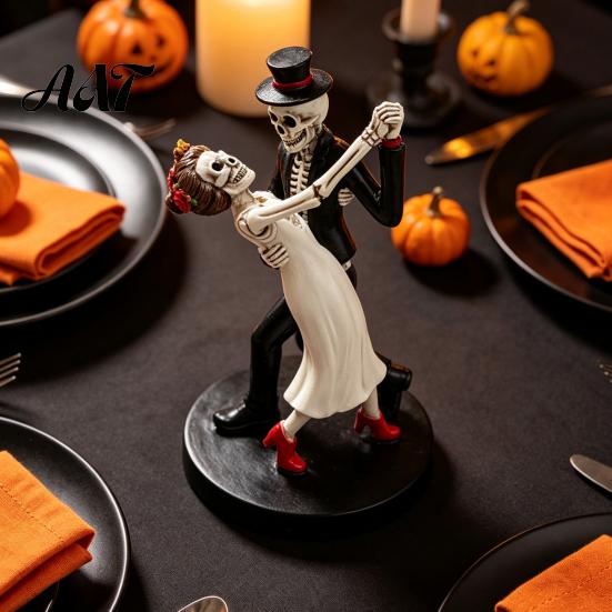 Resin Gothic Decor for Home Day of The Dead Dancing Skeleton Couple Figurine, Halloween Wedding Statue Lover Statue, Romantic Bride Groom Sculpture