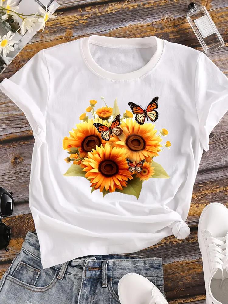 (Азиатский размер) Футболка с коротким рукавом Женская радужная трендовая футболка Верхняя одежда Повседневная Цветочная модная женская графическая футболка с принтом