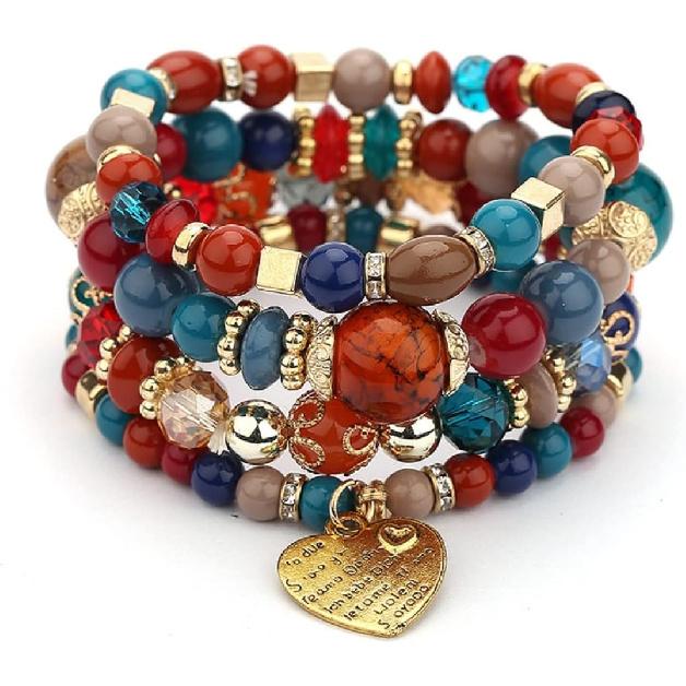 Women Beaded Bracelet Set | Colorful Boho Stackable Trendy Design with Crystal Accents Multilayer Bangle Bracelet | Fashion Stretch Braclets Jewelry