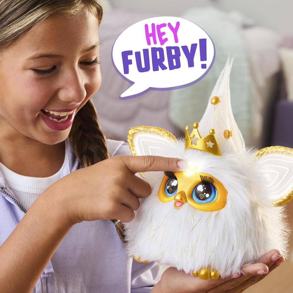 Hasbro Furby Белый и Золотой Интерактивная Игрушка с Голосовой Активацией для Мальчиков и Девочек Возраста 6+ с Модными Аксессуарами, Аниматронная Моторизованная Плюшевая Игрушка для