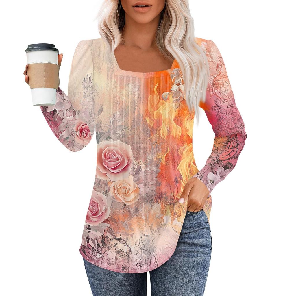 Long Sleeve Shirts For Women Tops Dressy Casual Blouses Pleated Square Scooped Neck Tunic Tops