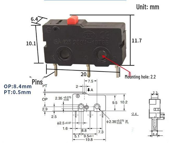 KW12 Micro Tripod Lever Switch, 5A/250V, KW11-3Z, Travel Limit Contact Button.
