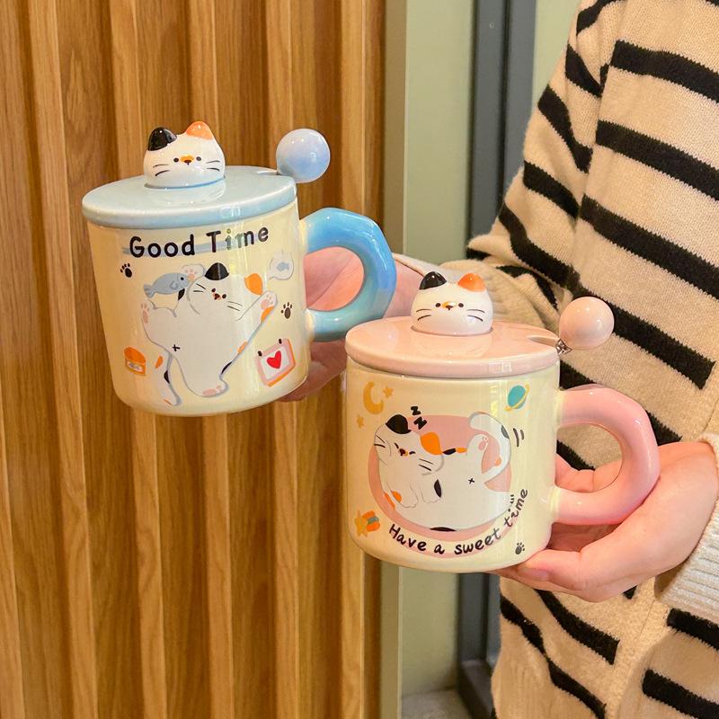 Birthday Gift Cute Cat Mug with Lid Couple Water Cup High Looking Bestie Ceramic Cup Practical Souvenir