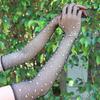 Long Rhinestone Fishnet Gloves for Women Sparkly Mesh Elbow Length Gloves for Rave Party Halloween Wedding Costume Accessories