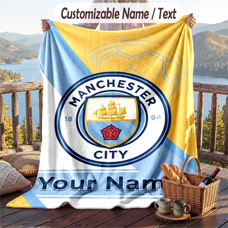 Flannel Blanket Manchester City Print Custom Name Text Soft Throw for Sofa Bed