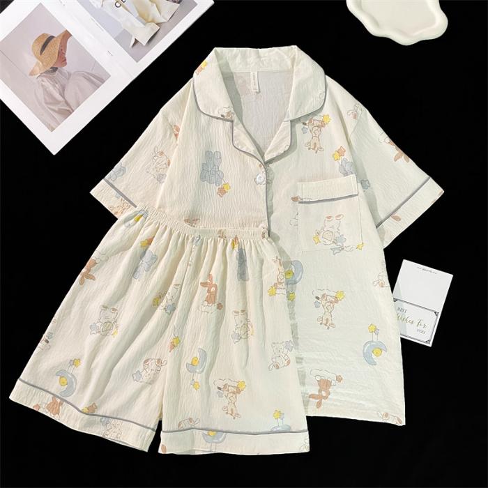 Summer Soft Cotton Women Pajamas Set Button Down Top Shorts 2 Pieces Sleepwear Nightwear Cute Loungewear for Women Korean