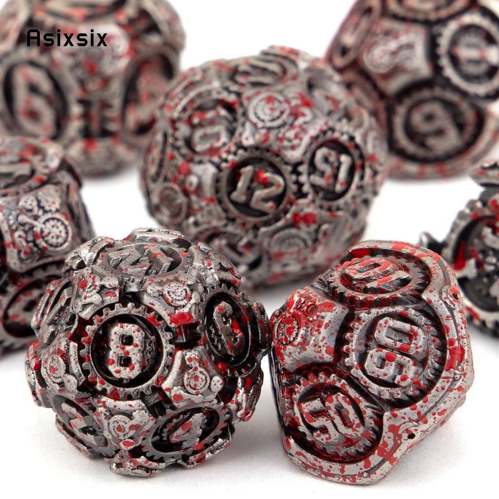 7 Pcs Silver Red Gear Wheel Metal Dice Solid Metal Polyhedral Dice Set Suitable for Role-Playing RPG Board Game Card Game