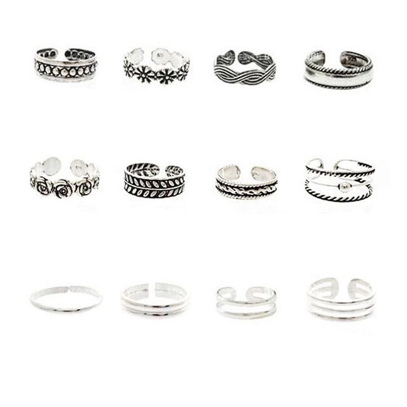 12Pcs/Set Carved Silver Adjustable Toe Rings Set Sexy Charm Open Foot Finger Ring Jewelry Accessories Gift