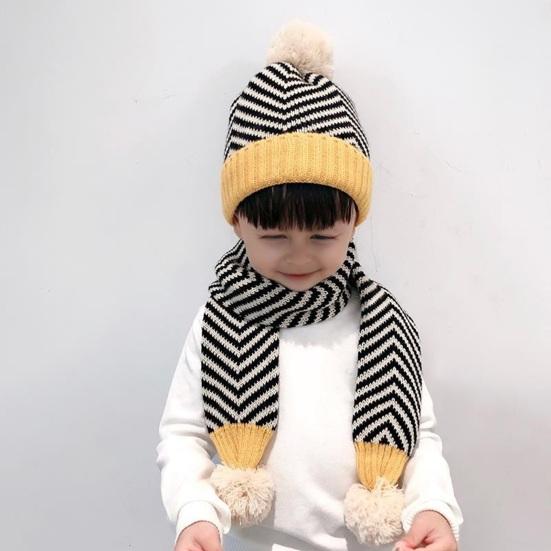 2 шт./компл. Детская осенне-зимняя шапка и шарф, плюшевый помпон, полосатый принт, шапка без полей, вязаный шарф