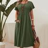 Women's Plus Size Summer Cotton Linen Dress Round Neck Short Sleeve Solid Color Pleated Pocket S-5XL