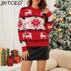 BITCED Autumn/Winter Christmas Reindeer Knit Jumper Christmas Red Sweater Jacquard Knit Top