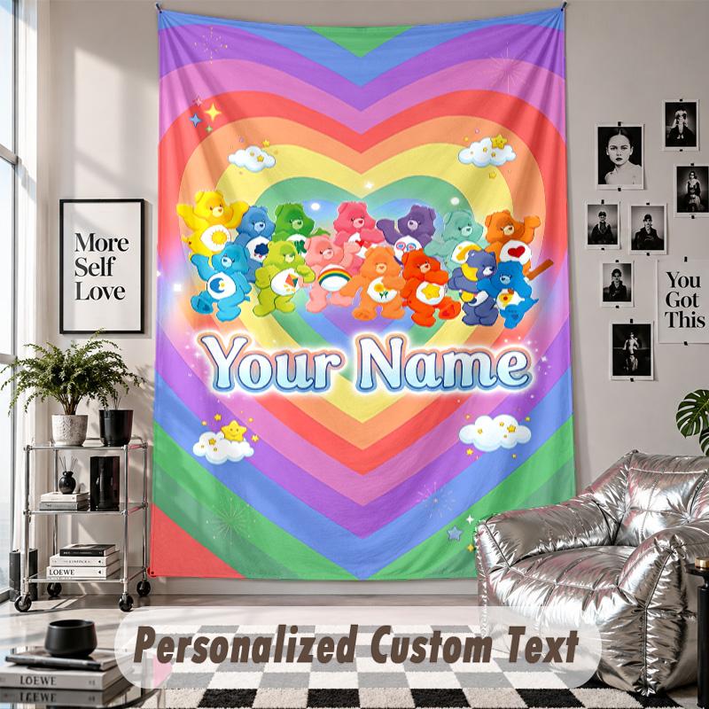 Wall Hanging Tapestry With Custom Name & Text, Care Bears Decorative Tapestry For Bedroom