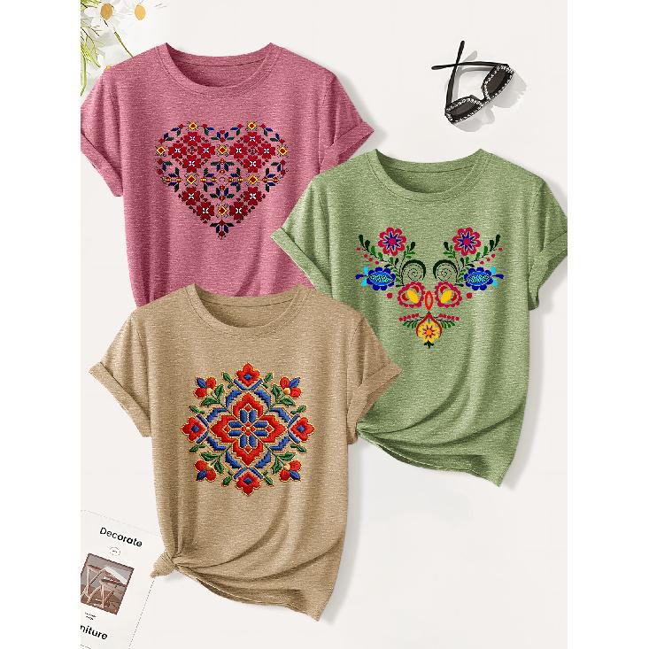 3 Pack of women's summer tops | Heart-shaped floral ethnic print T Shirt | Cute and trendy casual round-neck short-sleeve suit | 2026 Summer vintage