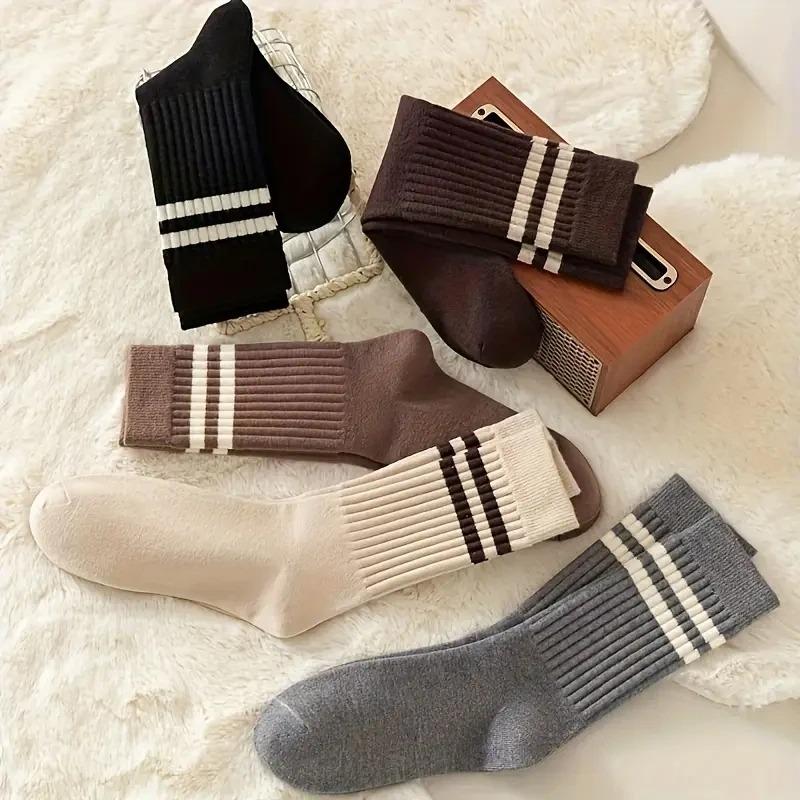 5 Pairs Pack Trendy Striped Crew Socks, Women's JK Fashion Socks for Sports Daily Wear, Vintage Cute Fall Winter Collection