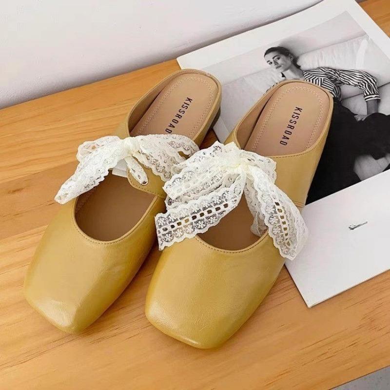 Fashion 2025 Shoes Lace Ballet Flat Muller Lazy Baotou Low Heel Half Slippers Women Outer Wear