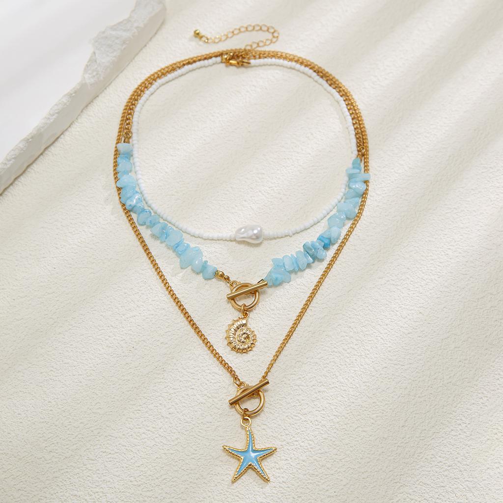 3Pcs/Set Irregular Blue Stone Chain Necklace Women Boho Conch Starfish Pendant Y2K Jewelry Beads Choker