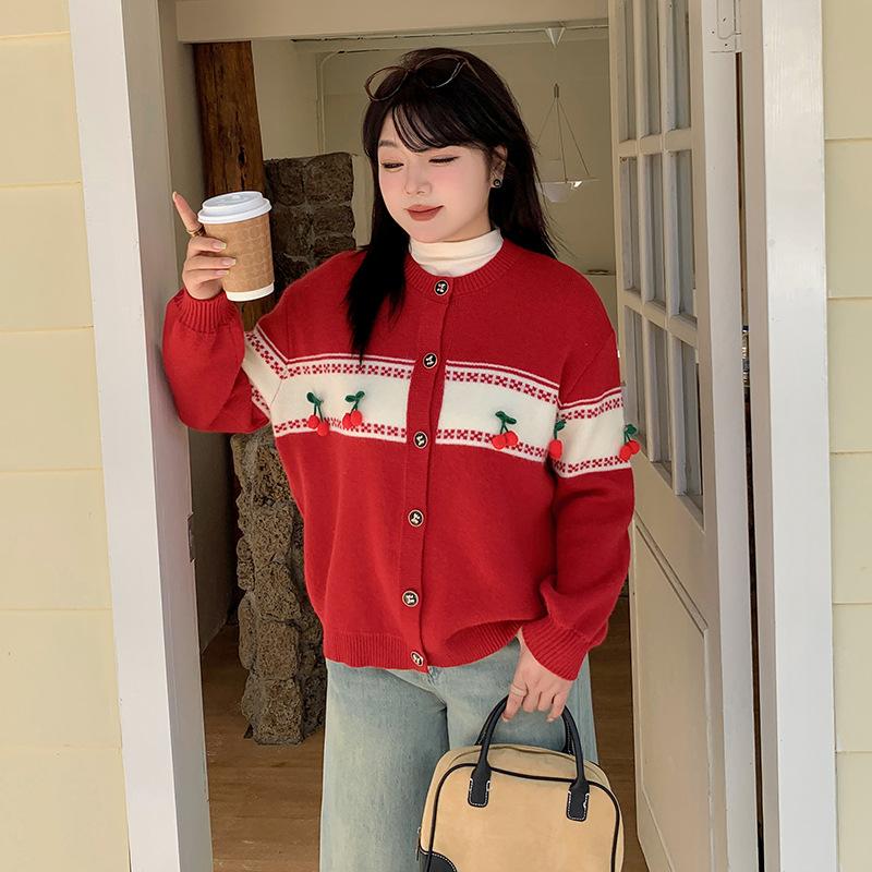 Large size women's clothing winter new lazy wind single-breasted New Year's wear red knitted cardigan 111999