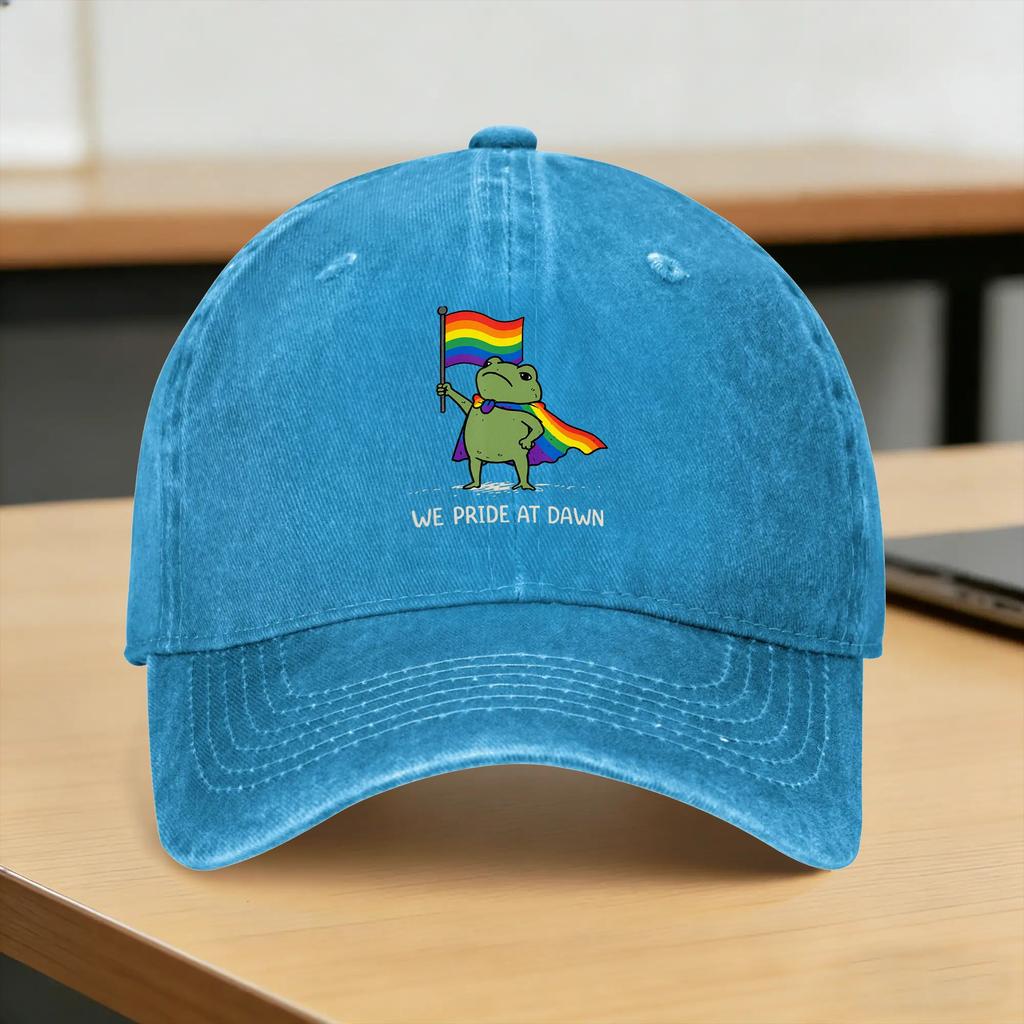 Funny Frog We Pride At Dawn Rainbow Flag LGBT Pride Month Baseball Cap Sun Outdoor Breathable Washed Trucker Hat Snapback Cap