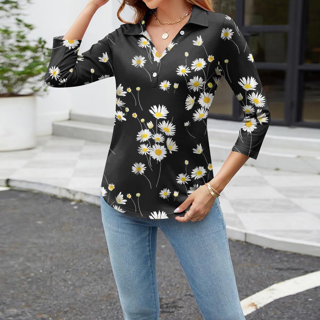 Женский модный повседневный топ на пуговицах с длинным рукавом и цветочным принтом, v-образным вырезом и пуговицами
