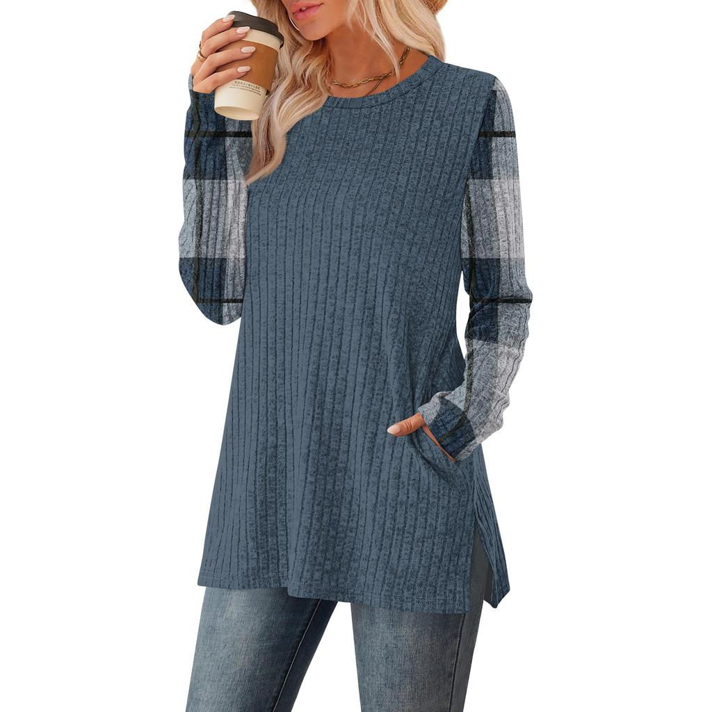 Women's Striped Printed Round-neck Long-sleeved Top With Pockets And Side Slits