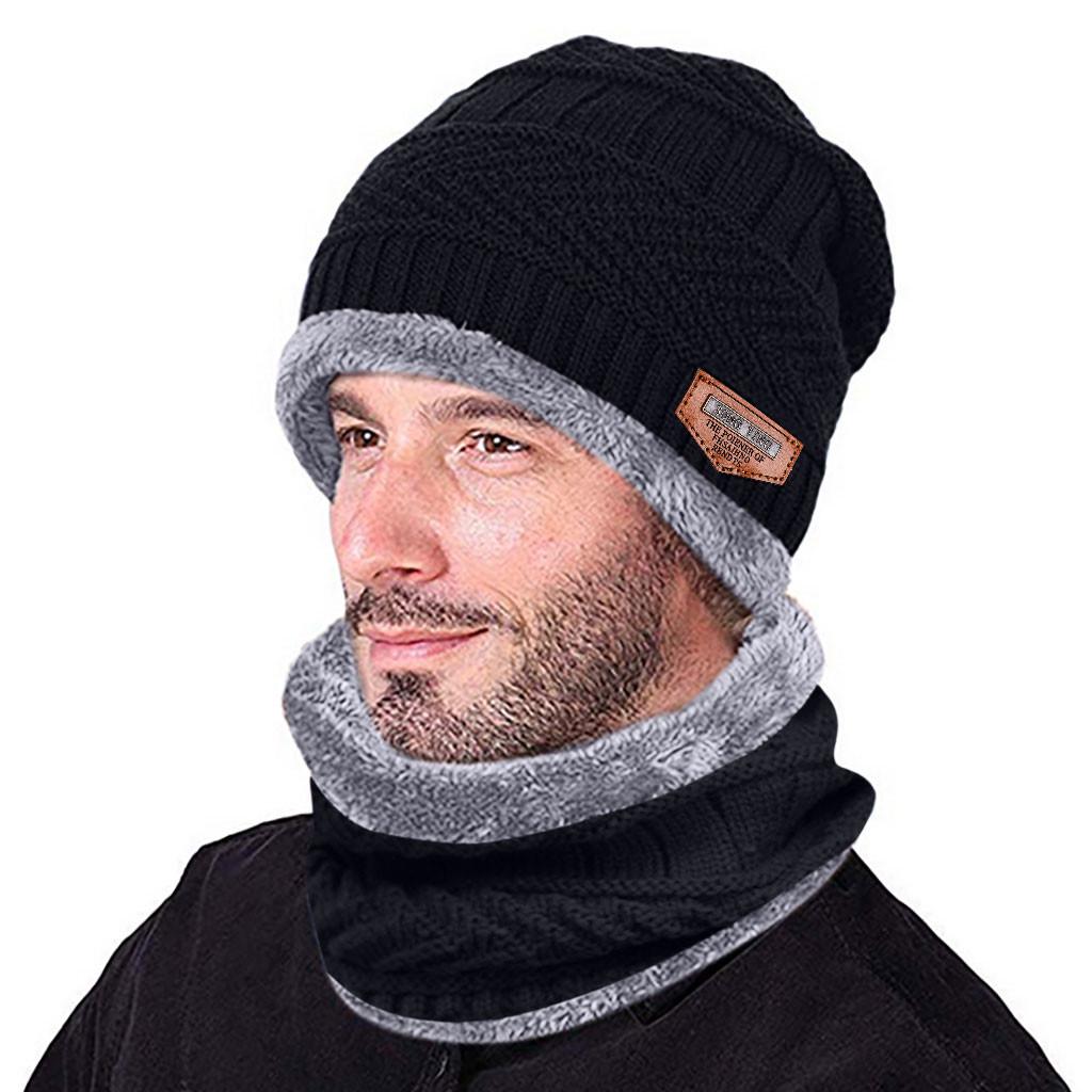 Men Warm Winter Thicken Hat And Scarf Two-Piece Knit Windproof Cap