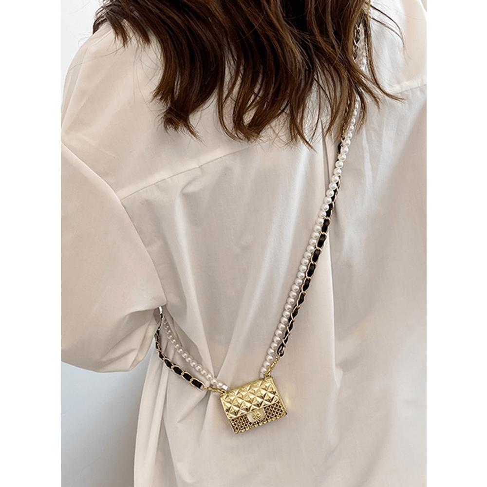 Мини квадратная сумка с клапаном, декор из искусственного жемчуга, металлическая необычная сумка