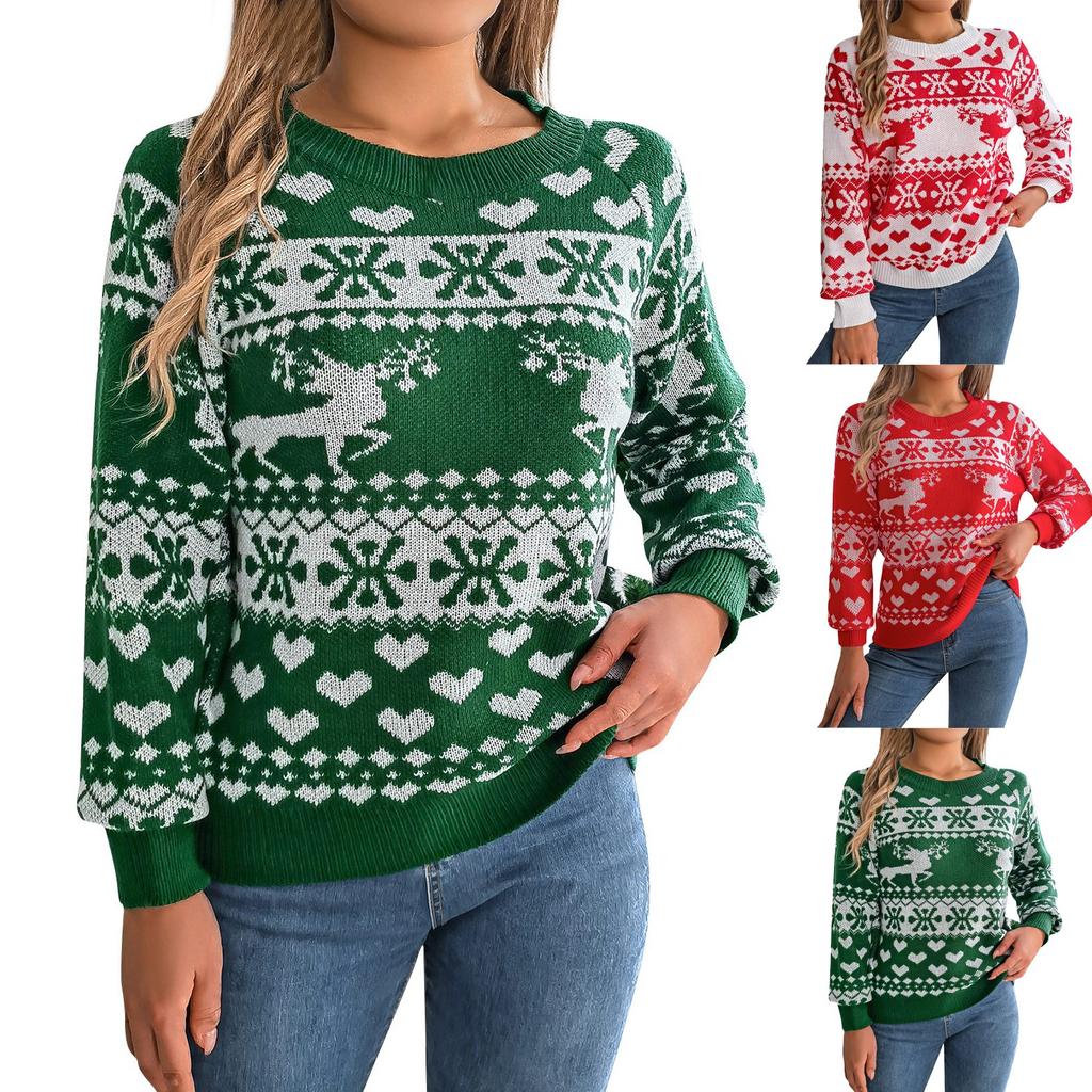 Women's Fashion Casual Loose Christmas Deer Pattern Contrast Color Sweater Long Sleeve Pullover Top