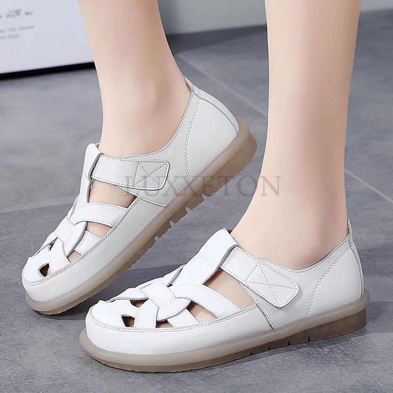 Летние женские сандалии из натуральной кожи, нескользящие сандалии на плоской подошве, винтажная женская повседневная обувь, пляжная обувь для отдыха на природе, Zapatos De Mujer