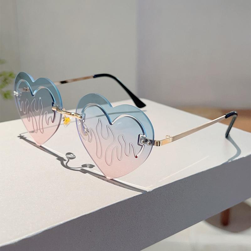 Rimless Heart Shaped Sunglasses Fashion Cute Hollowed Decor Rave Shades Women Trendy Brand Design Vacation Sun Glasses