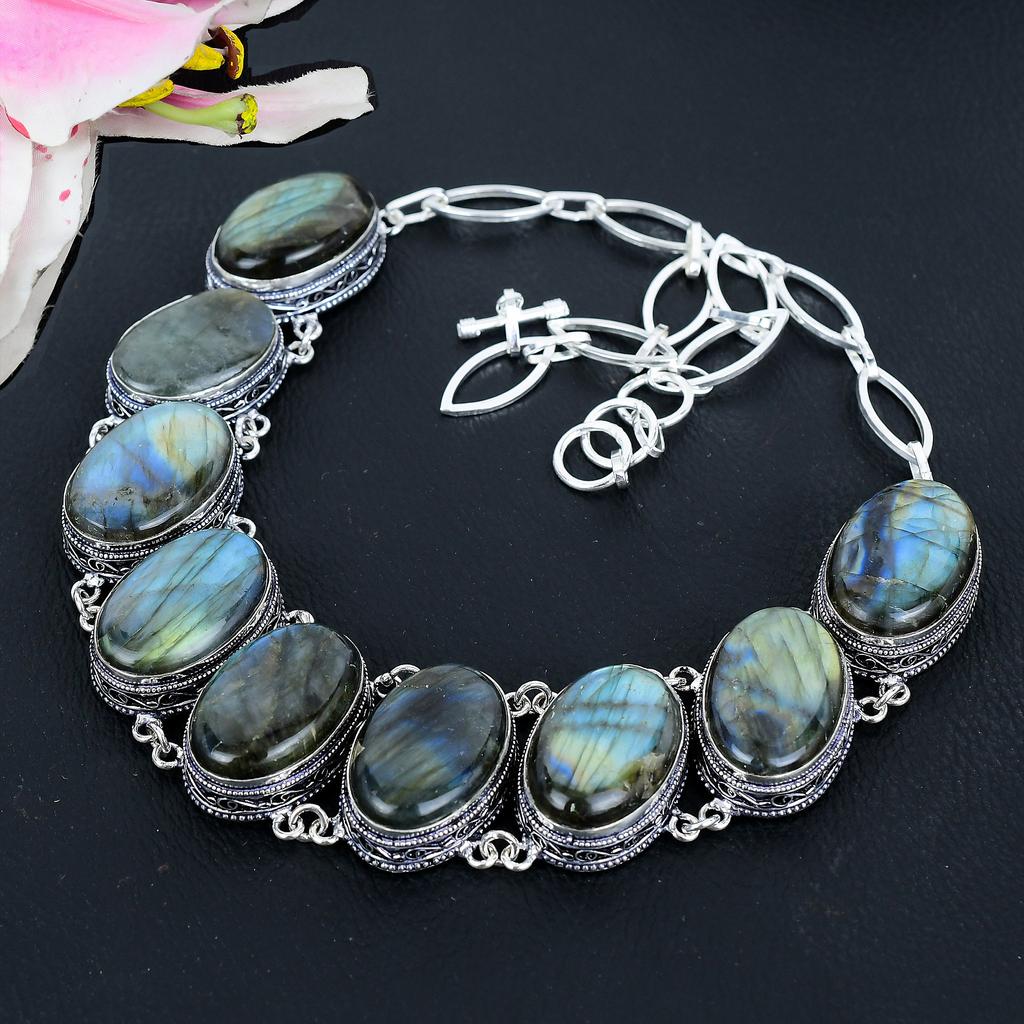Labradorite Gemstone Handmade 925 Sterling Silver Jewelry Necklace 18" KG-1630