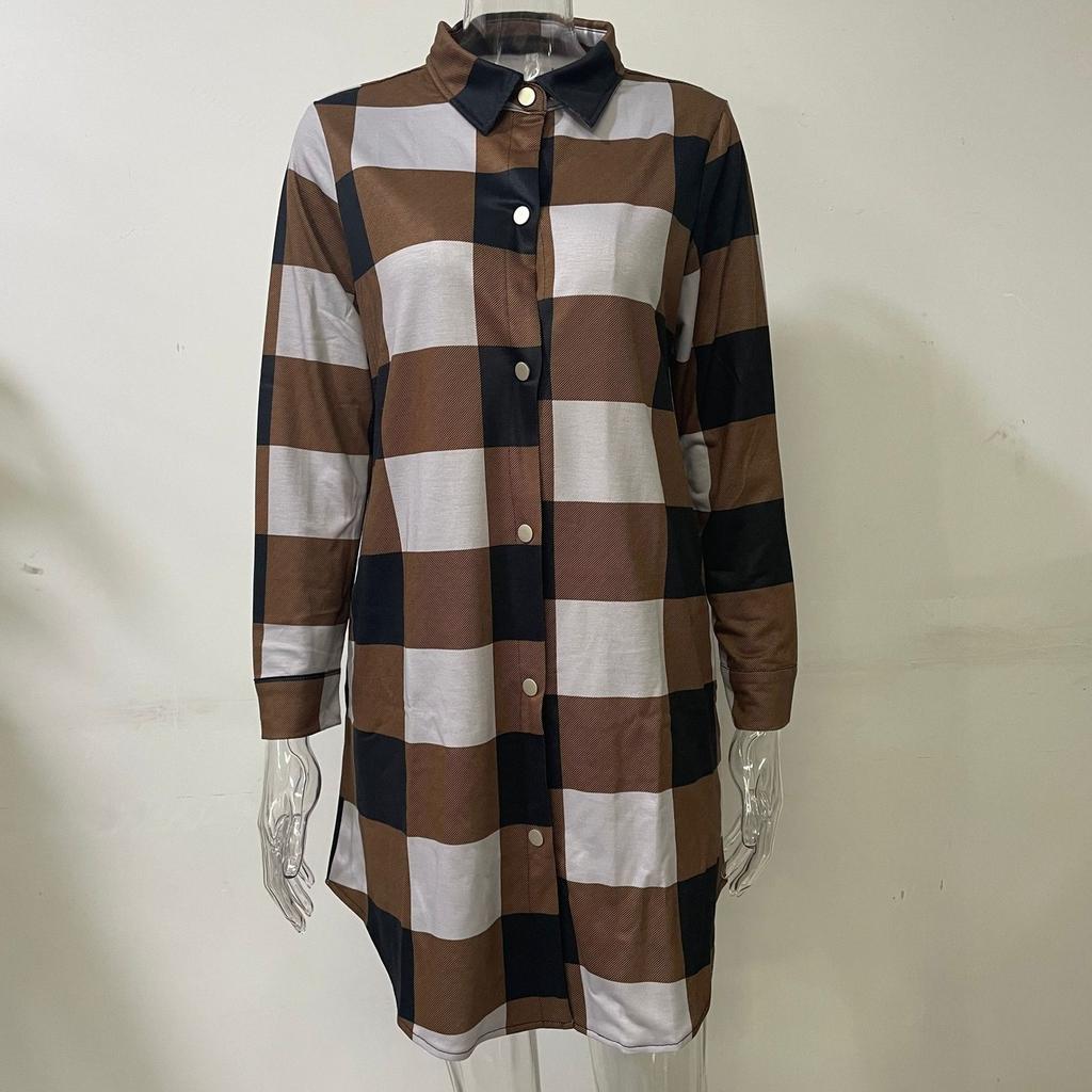 Клетчатая рубашка, пальто, женская куртка средней длины, осеннее пальто с длинными рукавами и карманами на пуговицах