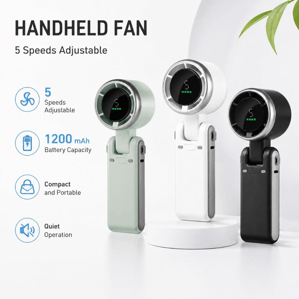 1200mAh Battery Mini Handheld Fan LED Display Desktop Fan Folding Hanging Neck Fan Outdoor