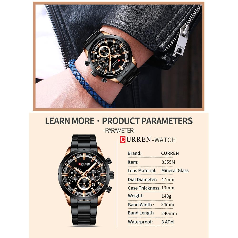 CURREN Luxury New Mens Stainless Steel Band Wristwatches for Men Casual Fashion Quartz Clock Mens Chronograph Watch with Date