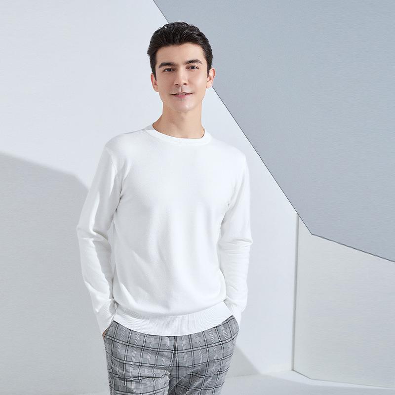 Осень и Зима Мужской Трикотажный Свитер с Круглым Вырезом, Свободный, Утепленный Пуловер, Однотонный, с Длинным Рукавом, Короткий, Деловой, Базовый, Теплый Свитер