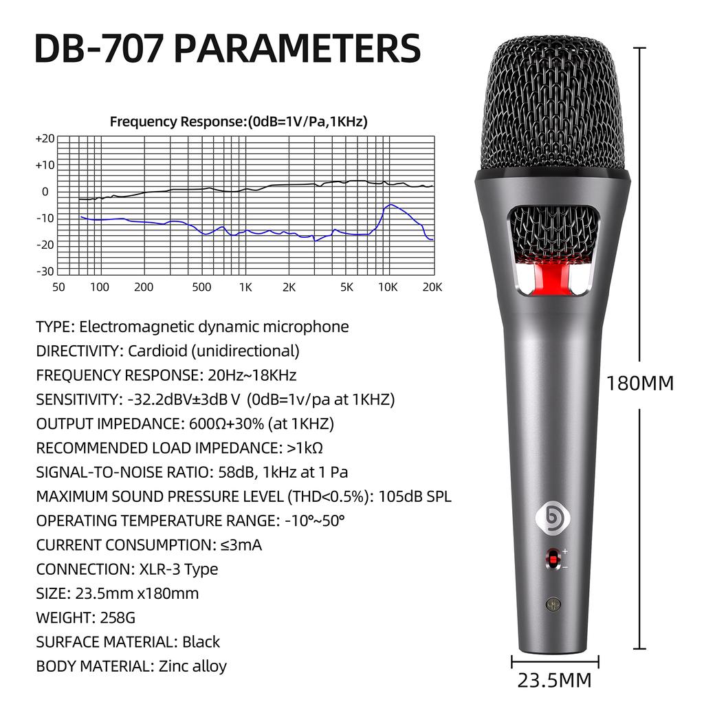 2026 Professional DB-707 Wireless Dynamic Microphone 48V All Metal Electromagnetic Microphone 20Hz-18KHz High-Definition Pickup with Noise Reduction