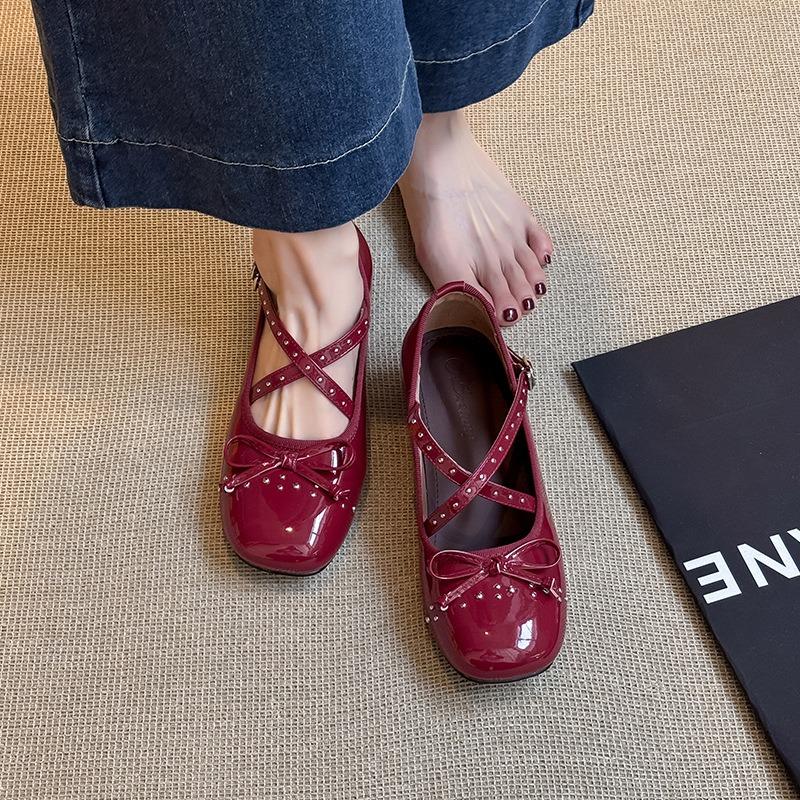 Fashion 2025 Spring Autumn Round Toe Bow Leather MaryJane Flats New Fashion Cross Strap Shoes Shallow Mouth Solid Color Women's Loafers