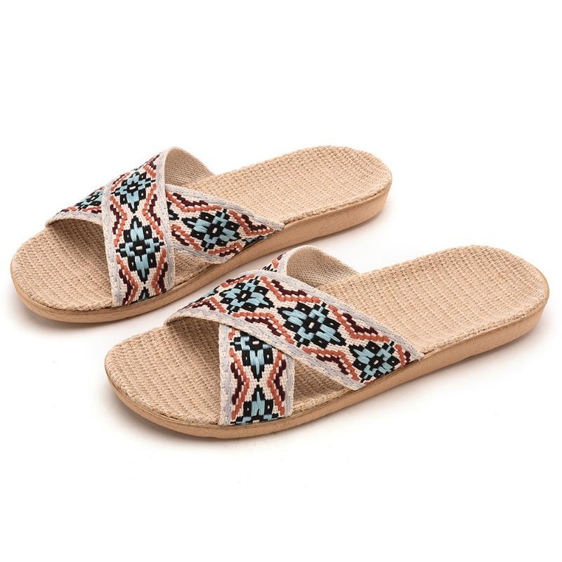 Летние ретро-модные женские нескользящие льняные тапочки