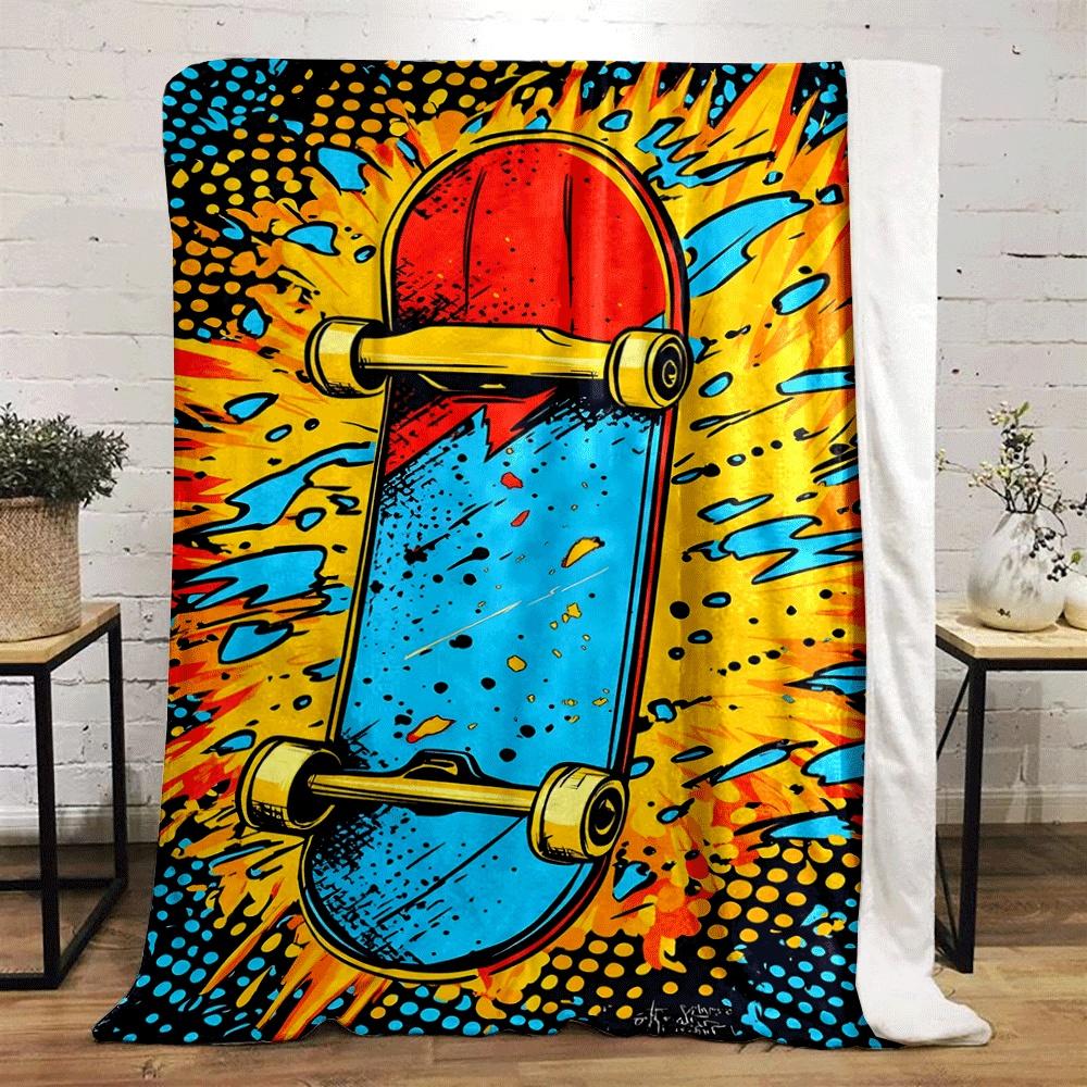 Comic-style skateboard with dynamic yellow, blue, and red splash effects. for all seasons blanket lunch break throw gift