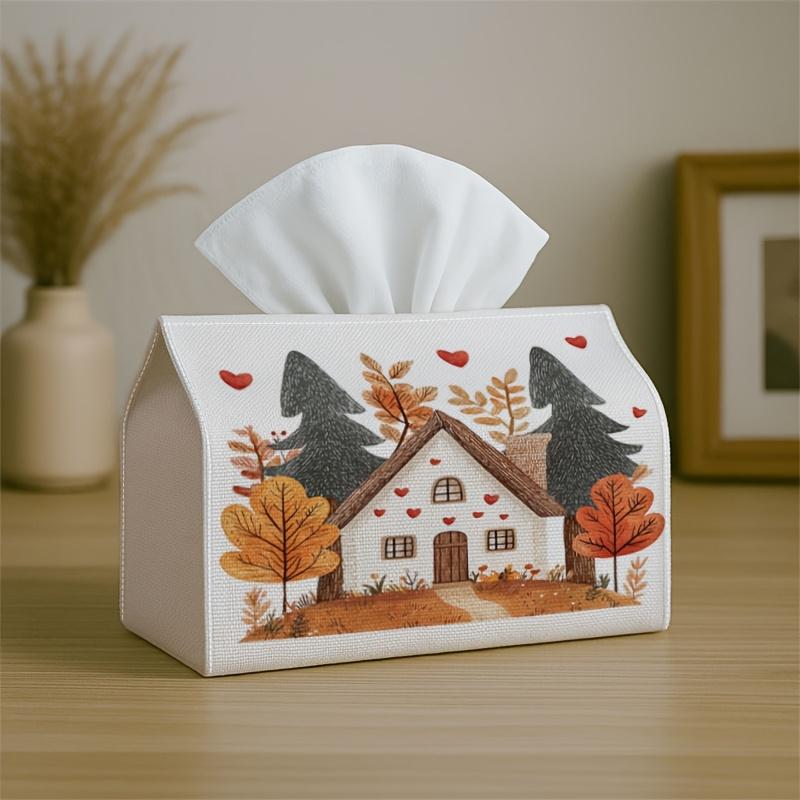 1pc Cozy Storybook Folk Tissue Box - Cottage Autumn Heart, 17.02*25.91cm, Ideal for Kitchen, Living Room, Bedroom, Bathroom - Holiday Decor, Bathroom