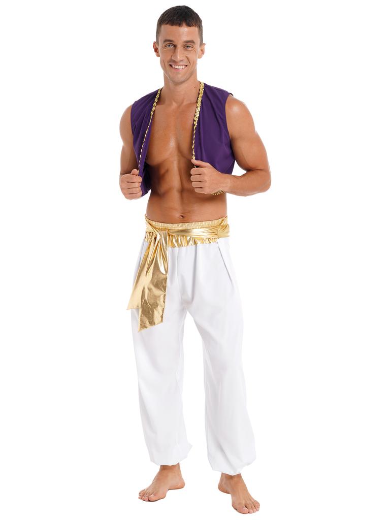 Mens Halloween Party Costume Sequin Trim Waistcoat Belted Pants Role Play Stage Performance Outfit