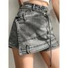 Модная женская джинсовая юбка, новая высокая талия, нерегулярная цепочка, серые юбки выше колена, женские джинсовые юбки, юбки, женские