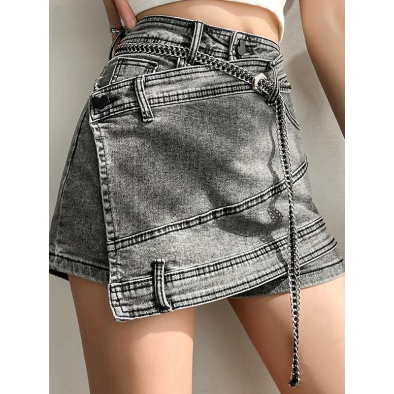 Модная женская джинсовая юбка, новая высокая талия, нерегулярная цепочка, серые юбки выше колена, женские джинсовые юбки, юбки, женские